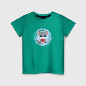 Детская футболка хлопок с принтом Мультяшный котёнок с сердцем в Кировске, 100% хлопок | круглый вырез горловины, полуприлегающий силуэт, длина до линии бедер | 
