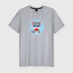 Мужская футболка хлопок Slim с принтом Мультяшный котёнок с сердцем в Кировске, 92% хлопок, 8% лайкра | приталенный силуэт, круглый вырез ворота, длина до линии бедра, короткий рукав | 