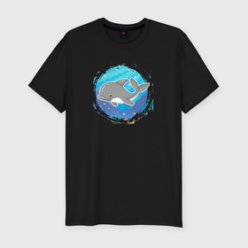 Мужская футболка хлопок Slim с принтом Мультяшный дельфин под водой в Тюмени, 92% хлопок, 8% лайкра | приталенный силуэт, круглый вырез ворота, длина до линии бедра, короткий рукав | Тематика изображения на принте: 