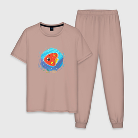 Мужская пижама хлопок с принтом Мультяшная красная морская рыбка в Санкт-Петербурге, 100% хлопок | брюки и футболка прямого кроя, без карманов, на брюках мягкая резинка на поясе и по низу штанин
 | 