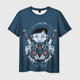 Мужская футболка 3D с принтом Киборг   парень с мечами , 100% полиэфир | прямой крой, круглый вырез горловины, длина до линии бедер | 