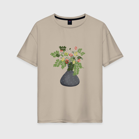 Женская футболка хлопок Oversize с принтом Букет цветов в серой вазе в Белгороде, 100% хлопок | свободный крой, круглый ворот, спущенный рукав, длина до линии бедер
 | 