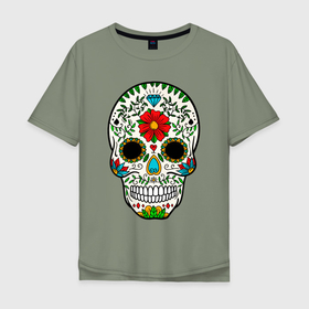 Мужская футболка хлопок Oversize с принтом Череп с алмазом, листьями и цветами в Тюмени, 100% хлопок | свободный крой, круглый ворот, “спинка” длиннее передней части | 