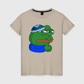 Женская футболка хлопок с принтом Лягушонок Пепе хочет денег в Тюмени, 100% хлопок | прямой крой, круглый вырез горловины, длина до линии бедер, слегка спущенное плечо | 