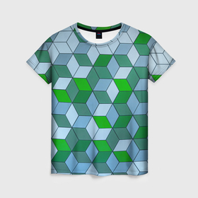 Женская футболка 3D с принтом Зелёные и серые абстрактные кубы с оптической иллюзии в Петрозаводске, 100% полиэфир ( синтетическое хлопкоподобное полотно) | прямой крой, круглый вырез горловины, длина до линии бедер | 