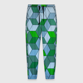 Мужские брюки 3D с принтом Зелёные и серые абстрактные кубы с оптической иллюзии в Санкт-Петербурге, 100% полиэстер | манжеты по низу, эластичный пояс регулируется шнурком, по бокам два кармана без застежек, внутренняя часть кармана из мелкой сетки | 