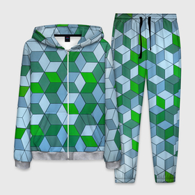 Мужской костюм 3D с принтом Зелёные и серые абстрактные кубы с оптической иллюзии в Курске, 100% полиэстер | Манжеты и пояс оформлены тканевой резинкой, двухслойный капюшон со шнурком для регулировки, карманы спереди | 
