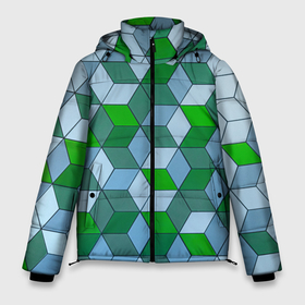 Мужская зимняя куртка 3D с принтом Зелёные и серые абстрактные кубы с оптической иллюзии в Екатеринбурге, верх — 100% полиэстер; подкладка — 100% полиэстер; утеплитель — 100% полиэстер | длина ниже бедра, свободный силуэт Оверсайз. Есть воротник-стойка, отстегивающийся капюшон и ветрозащитная планка. 

Боковые карманы с листочкой на кнопках и внутренний карман на молнии. | 