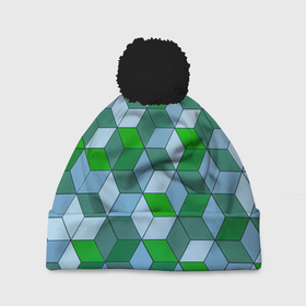 Шапка 3D c помпоном с принтом Зелёные и серые абстрактные кубы с оптической иллюзии в Санкт-Петербурге, 100% полиэстер | универсальный размер, печать по всей поверхности изделия | 