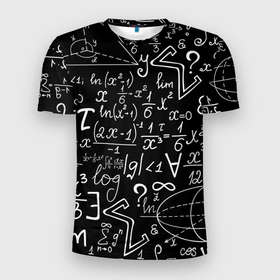 Мужская футболка 3D Slim с принтом Математика на чёрном фоне в Петрозаводске, 100% полиэстер с улучшенными характеристиками | приталенный силуэт, круглая горловина, широкие плечи, сужается к линии бедра | 