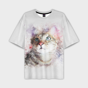 Мужская футболка OVERSIZE 3D с принтом Милый мечтающий котик в Курске,  |  | 