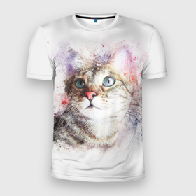 Мужская футболка 3D Slim с принтом Милый мечтающий котик в Тюмени, 100% полиэстер с улучшенными характеристиками | приталенный силуэт, круглая горловина, широкие плечи, сужается к линии бедра | Тематика изображения на принте: 