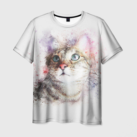 Мужская футболка 3D с принтом Милый мечтающий котик в Тюмени, 100% полиэфир | прямой крой, круглый вырез горловины, длина до линии бедер | Тематика изображения на принте: 