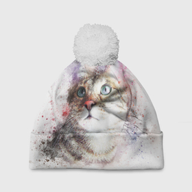 Шапка 3D c помпоном с принтом Милый мечтающий котик в Тюмени, 100% полиэстер | универсальный размер, печать по всей поверхности изделия | Тематика изображения на принте: 