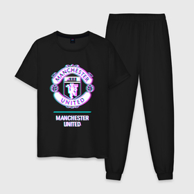 Мужская пижама хлопок с принтом Manchester United FC в стиле glitch в Петрозаводске, 100% хлопок | брюки и футболка прямого кроя, без карманов, на брюках мягкая резинка на поясе и по низу штанин
 | 