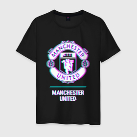 Мужская футболка хлопок с принтом Manchester United FC в стиле glitch в Кировске, 100% хлопок | прямой крой, круглый вырез горловины, длина до линии бедер, слегка спущенное плечо. | 