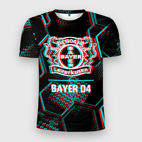 Мужская футболка 3D Slim с принтом Bayer 04 FC в стиле glitch на темном фоне в Курске, 100% полиэстер с улучшенными характеристиками | приталенный силуэт, круглая горловина, широкие плечи, сужается к линии бедра | Тематика изображения на принте: 