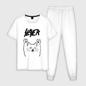 Мужская пижама хлопок с принтом Slayer   rock cat в Санкт-Петербурге, 100% хлопок | брюки и футболка прямого кроя, без карманов, на брюках мягкая резинка на поясе и по низу штанин
 | 