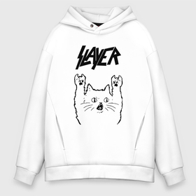 Мужское худи Oversize хлопок с принтом Slayer   rock cat в Курске, френч-терри — 70% хлопок, 30% полиэстер. Мягкий теплый начес внутри —100% хлопок | боковые карманы, эластичные манжеты и нижняя кромка, капюшон на магнитной кнопке | 