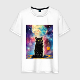 Мужская футболка хлопок с принтом Космо котик в Петрозаводске, 100% хлопок | прямой крой, круглый вырез горловины, длина до линии бедер, слегка спущенное плечо. | 