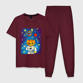 Мужская пижама хлопок с принтом Абстрактный космический кот в Петрозаводске, 100% хлопок | брюки и футболка прямого кроя, без карманов, на брюках мягкая резинка на поясе и по низу штанин
 | Тематика изображения на принте: 