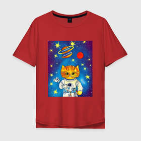 Мужская футболка хлопок Oversize с принтом Абстрактный космический кот в Тюмени, 100% хлопок | свободный крой, круглый ворот, “спинка” длиннее передней части | 