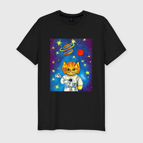 Мужская футболка хлопок Slim с принтом Абстрактный космический кот в Екатеринбурге, 92% хлопок, 8% лайкра | приталенный силуэт, круглый вырез ворота, длина до линии бедра, короткий рукав | 