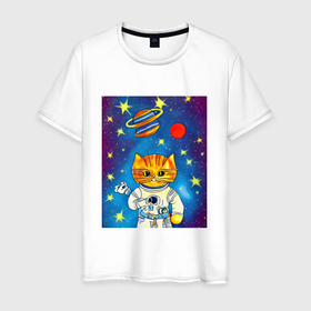 Мужская футболка хлопок с принтом Абстрактный космический кот в Тюмени, 100% хлопок | прямой крой, круглый вырез горловины, длина до линии бедер, слегка спущенное плечо. | 