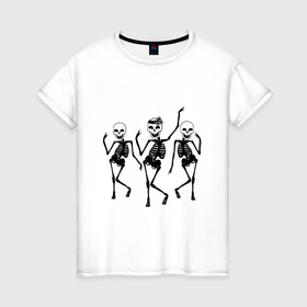 Женская футболка хлопок с принтом Танцующие скелетики , 100% хлопок | прямой крой, круглый вырез горловины, длина до линии бедер, слегка спущенное плечо | 