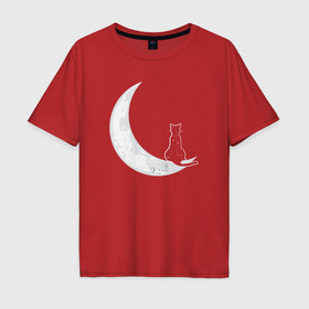 Мужская футболка хлопок Oversize с принтом Кот сидит на луне в Тюмени, 100% хлопок | свободный крой, круглый ворот, “спинка” длиннее передней части | Тематика изображения на принте: 