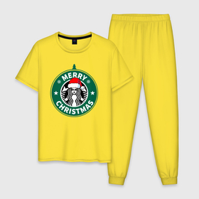 Мужская пижама хлопок с принтом Счастливого Рождества Starbucks , 100% хлопок | брюки и футболка прямого кроя, без карманов, на брюках мягкая резинка на поясе и по низу штанин
 | 