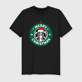 Мужская футболка хлопок Slim с принтом Счастливого Рождества Starbucks в Новосибирске, 92% хлопок, 8% лайкра | приталенный силуэт, круглый вырез ворота, длина до линии бедра, короткий рукав | 