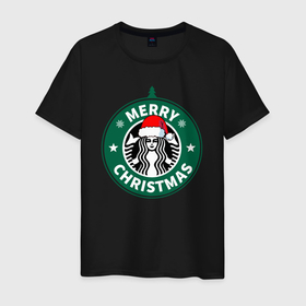 Мужская футболка хлопок с принтом Счастливого Рождества Starbucks в Тюмени, 100% хлопок | прямой крой, круглый вырез горловины, длина до линии бедер, слегка спущенное плечо. | 