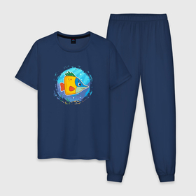 Мужская пижама хлопок с принтом Мультяшная морская рыбка в Санкт-Петербурге, 100% хлопок | брюки и футболка прямого кроя, без карманов, на брюках мягкая резинка на поясе и по низу штанин
 | Тематика изображения на принте: 