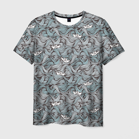 Мужская футболка 3D с принтом Кораблик бумажный на волнах в Курске, 100% полиэфир | прямой крой, круглый вырез горловины, длина до линии бедер | Тематика изображения на принте: 