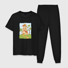 Мужская пижама хлопок с принтом Мультяшный домик в лесу , 100% хлопок | брюки и футболка прямого кроя, без карманов, на брюках мягкая резинка на поясе и по низу штанин
 | Тематика изображения на принте: 