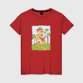 Женская футболка хлопок с принтом Мультяшный домик в лесу в Санкт-Петербурге, 100% хлопок | прямой крой, круглый вырез горловины, длина до линии бедер, слегка спущенное плечо | 