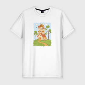 Мужская футболка хлопок Slim с принтом Мультяшный домик в лесу в Санкт-Петербурге, 92% хлопок, 8% лайкра | приталенный силуэт, круглый вырез ворота, длина до линии бедра, короткий рукав | 