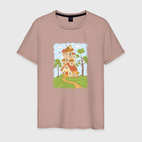 Мужская футболка хлопок с принтом Мультяшный домик в лесу , 100% хлопок | прямой крой, круглый вырез горловины, длина до линии бедер, слегка спущенное плечо. | Тематика изображения на принте: 