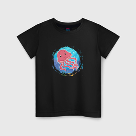 Детская футболка хлопок с принтом Мультяшная медуза под водой в Курске, 100% хлопок | круглый вырез горловины, полуприлегающий силуэт, длина до линии бедер | Тематика изображения на принте: 