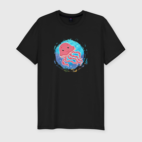 Мужская футболка хлопок Slim с принтом Мультяшная медуза под водой в Тюмени, 92% хлопок, 8% лайкра | приталенный силуэт, круглый вырез ворота, длина до линии бедра, короткий рукав | Тематика изображения на принте: 