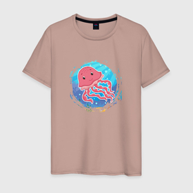 Мужская футболка хлопок с принтом Мультяшная медуза под водой в Тюмени, 100% хлопок | прямой крой, круглый вырез горловины, длина до линии бедер, слегка спущенное плечо. | Тематика изображения на принте: 