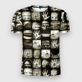 Мужская футболка 3D Slim с принтом TFK Be the change   Remixes в Санкт-Петербурге, 100% полиэстер с улучшенными характеристиками | приталенный силуэт, круглая горловина, широкие плечи, сужается к линии бедра | 