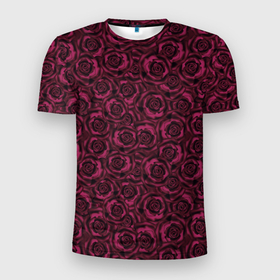 Мужская футболка 3D Slim с принтом Бордовые розы цветочный узор в Белгороде, 100% полиэстер с улучшенными характеристиками | приталенный силуэт, круглая горловина, широкие плечи, сужается к линии бедра | 