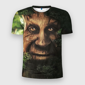 Мужская футболка 3D Slim с принтом Дерево с лицом мем Мудрое дерево в Курске, 100% полиэстер с улучшенными характеристиками | приталенный силуэт, круглая горловина, широкие плечи, сужается к линии бедра | 