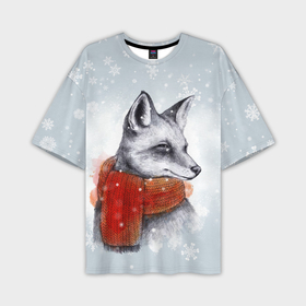 Мужская футболка OVERSIZE 3D с принтом Новогодняя тёплая лиса в Белгороде,  |  | 