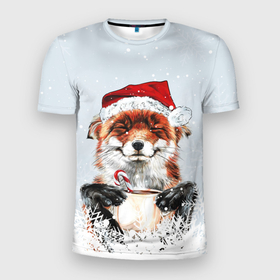 Мужская футболка 3D Slim с принтом Merry Christmas foxy в Екатеринбурге, 100% полиэстер с улучшенными характеристиками | приталенный силуэт, круглая горловина, широкие плечи, сужается к линии бедра | Тематика изображения на принте: 