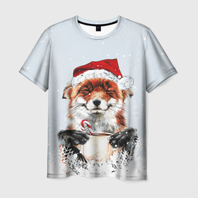 Мужская футболка 3D с принтом Merry Christmas foxy в Екатеринбурге, 100% полиэфир | прямой крой, круглый вырез горловины, длина до линии бедер | Тематика изображения на принте: 
