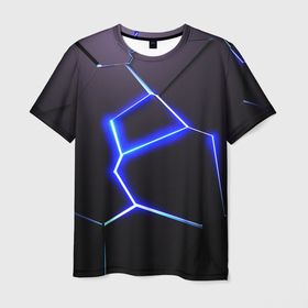 Мужская футболка 3D с принтом Неоновый разлом плит , 100% полиэфир | прямой крой, круглый вырез горловины, длина до линии бедер | 