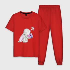 Мужская пижама хлопок с принтом кролик дарит цветы тебе в Екатеринбурге, 100% хлопок | брюки и футболка прямого кроя, без карманов, на брюках мягкая резинка на поясе и по низу штанин
 | 